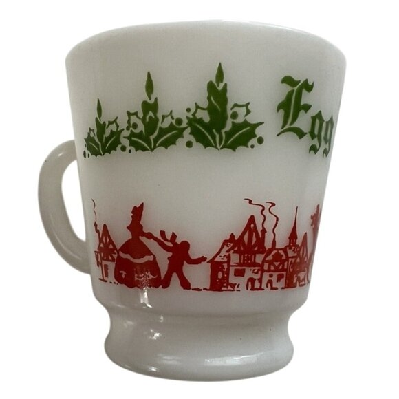 1950s Hazel Atlas Milk Glass Christmas Egg Nog Punch Bowl Set with 6 Cups - Picture 9 of 11